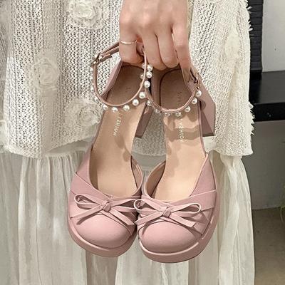 Moda Venta Caliente Zapatos Mary Jane con Tacón de Bloque y Lazo Francés para Mujer Primavera y Verano 2025 Punta Redonda Boca Baja Hebilla Única Tacones con Perlas