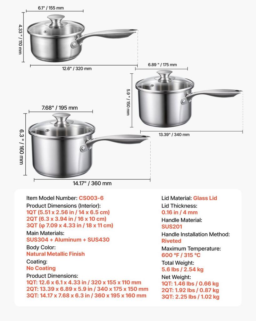 Stainless Steel Saucepan Set, 1 QT & 2 QT & 3 QT Saucepans with Glass Lids, Multipurpose Nonstick Stainless Steel Sauce Pot with Ergonomic Handle,