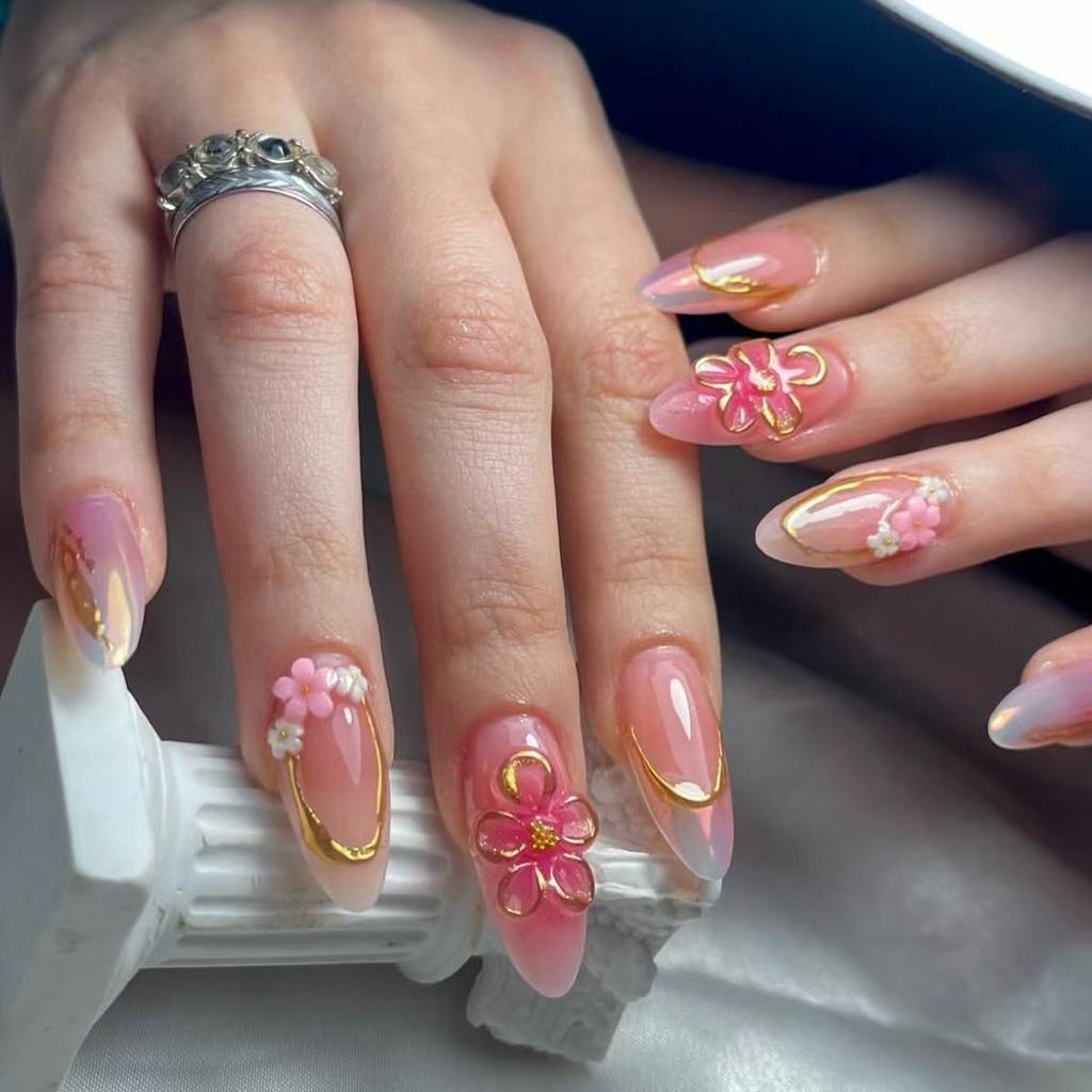 24Pcs Mid Length Almond French Tip Press On Nails White Edge With 3D Flower Gilding Reusable Full Cover False Nails