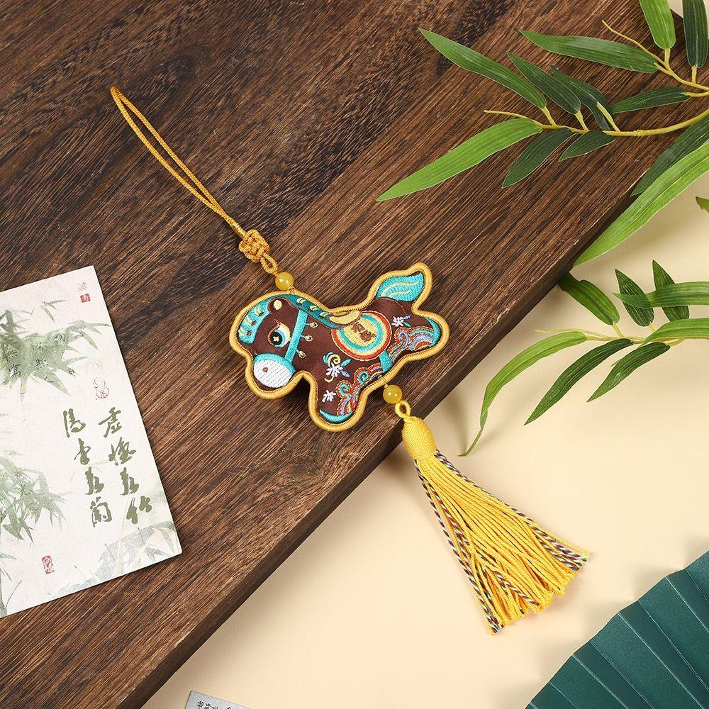 Chinese Style Pony Embroidered Pendant Tassel Zodiac Mascot New Year Horse Pendant Funny Keychain Car Hanging Ornaments