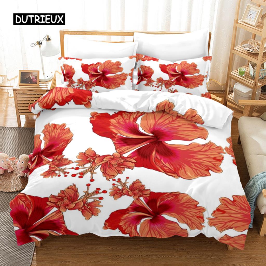 Bettbezug-Set mit Blumenmuster, tropisches Bettwäsche-Set mit Blumenmuster, tropische Blumen und Blätter für Kinder und Teenager, Polyester, Doppelbett, Queensize-Bett, Kingsize-Bettbezug