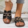 Slippers women's outer wear summer new large size flat bottom fashion metal chain word round head cool slippers