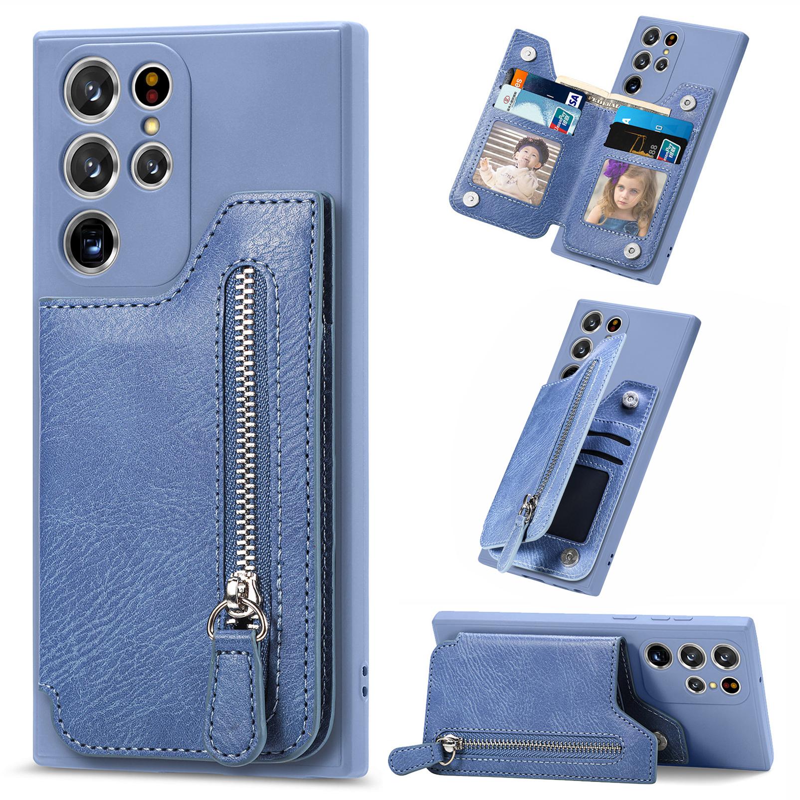 

Для Samsung Galaxy S25 Ultra чехол из искусственной кожи + ТПУ чехол для телефона с карманом на молнии кошелек Blue