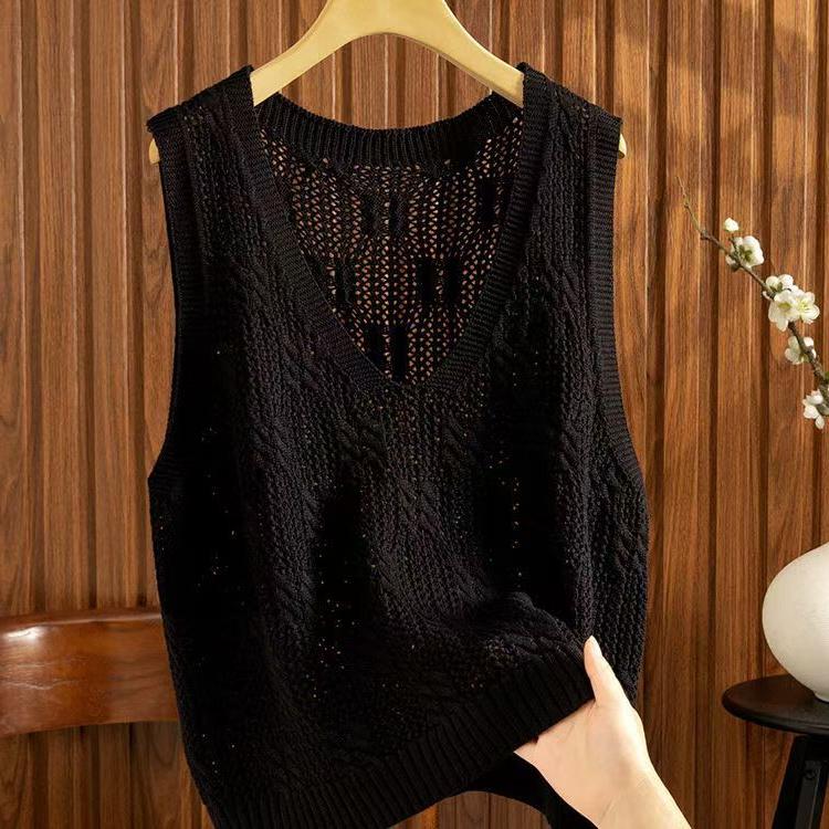 Women's Plus-Size Sleeveless Vest for Spring and Autumn Casual Style Versatile Loose Thin Hollow-Out Knitted Stylish Gilet