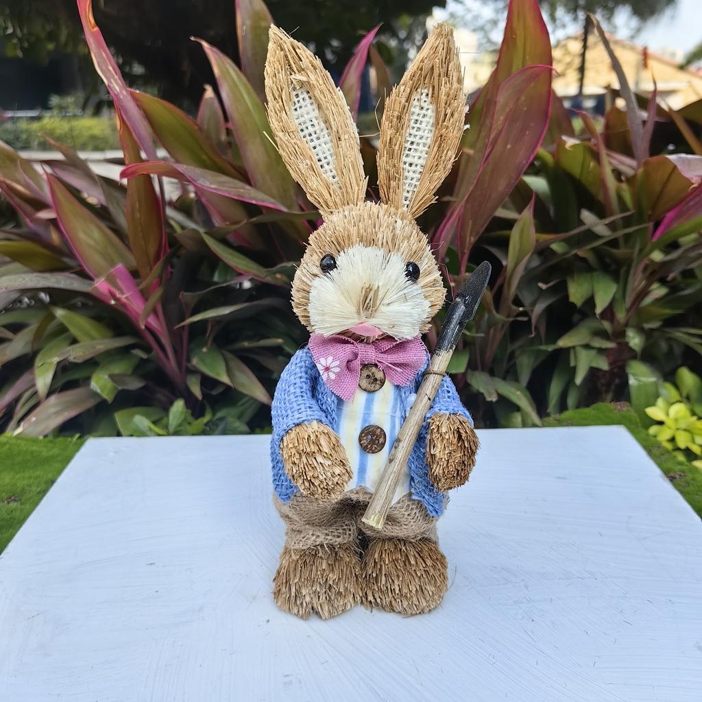 Easter Rabbit Decoration Straw Rabbit Ornament Creative Artificial Bunny Figure 25cm Home Holiday Cute with Flower Wreath