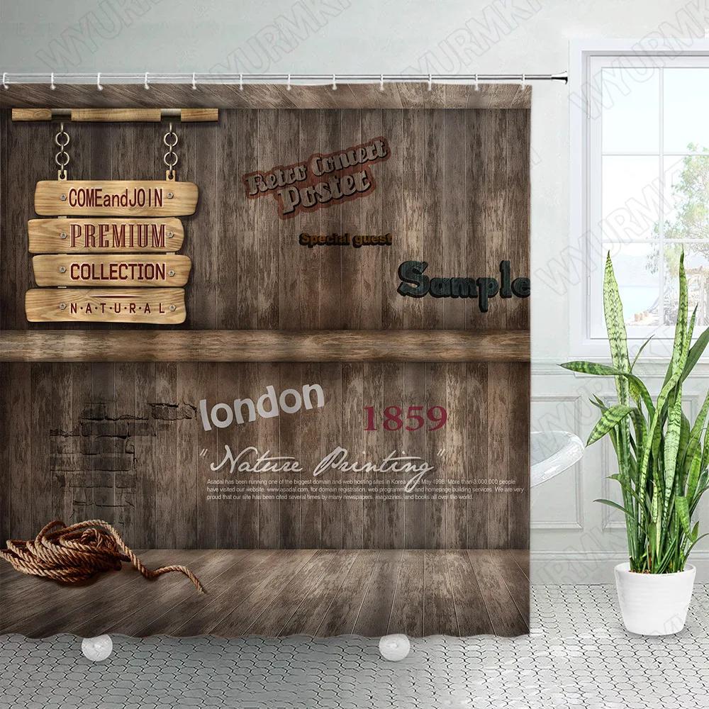 Vintage Wooden Board Shower Curtains Retro Brick Wall Street Lights Farm Barn Door Green Leaves Plant Fabric Home Bathroom Decor