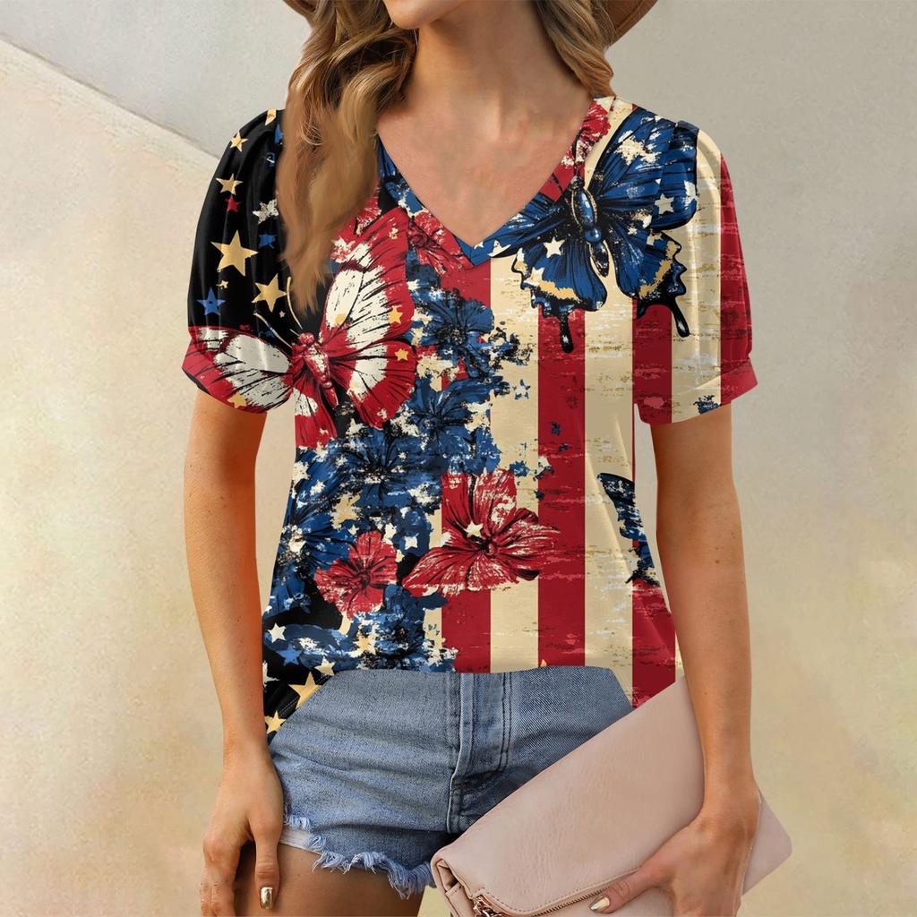 Women's Fashion Independence Day Print Top Puff Short Sleeve V-neck T-shirt Loose Casual T-shirt