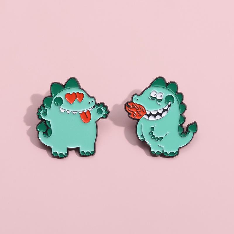 Playful Green Cartoon Dinosaur Inspired Brooch With Heart And Rose Design Couples For