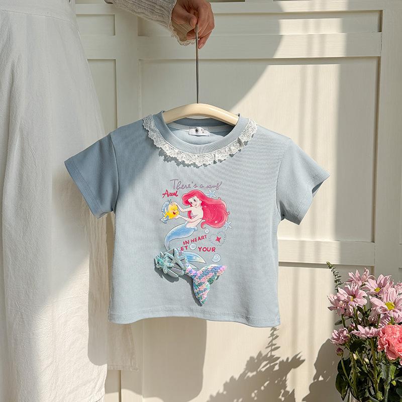 Girls Casual Cotton Short-sleeved T-shirt, Summer Children s Princess Mermaid Print T-shirt 100cm