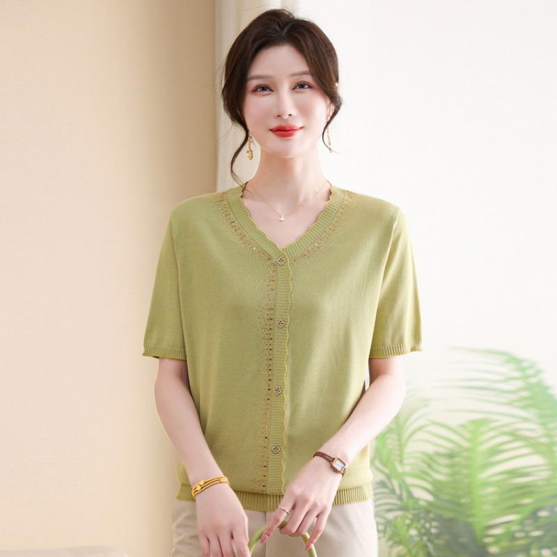 Mom's New Summer Bottoming Top Medium and Old Women's Collar Diamond-encrusted Shirt Short-sleeved Knitted Shirt Thin