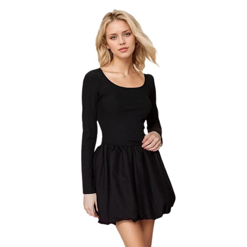 Seksowna sukienka z okrągłym dekoltem, patchworkowa, dopasowana, z długim rękawem, puszysta