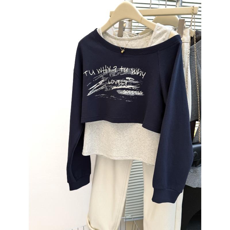 

Wind Shot Косий плечо З відкритими плечима Светр з коротким довгим рукавом Жіночий Ранковий Слім Жилет Топ з двох частин 2XL Темно-синій