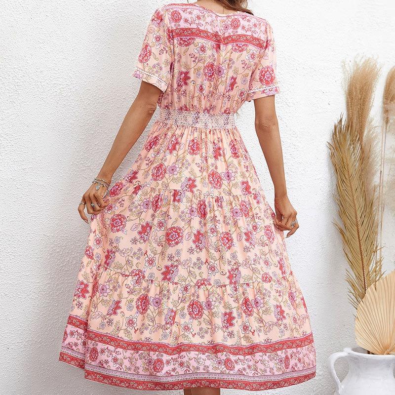 Dámská móda Léto Jaro Květinový potisk Neformální šaty s krátkým rukávem a výstřihem do V s vysokým pasem