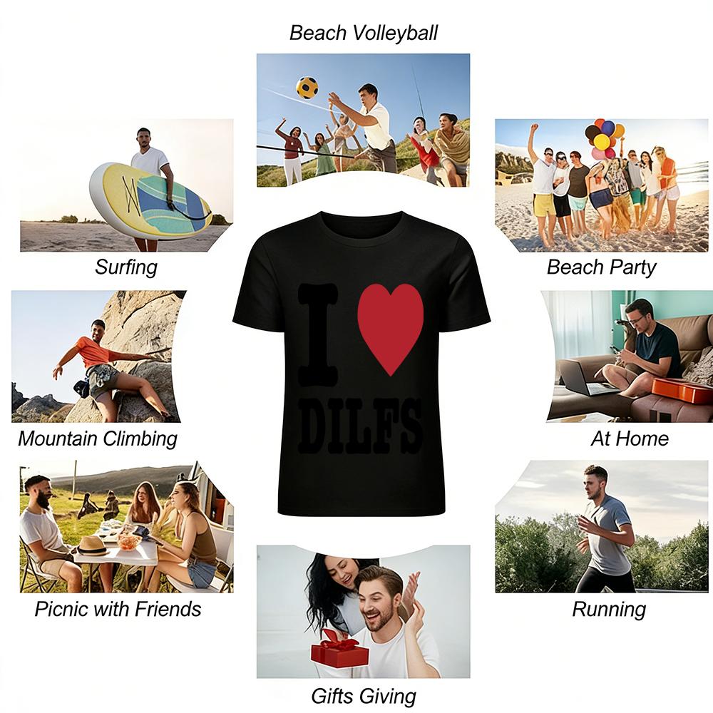 Funny I Love DILFS Heart Print Casual T-Shirt Unisex Loose Breathable Daily Top Pure cotton T-shirt