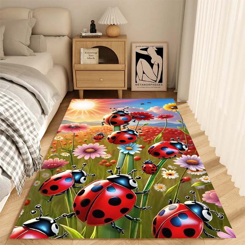 Niedlicher Cartoon Marienkäfer Druck Teppich, Geeignet für Wohnzimmer, Schlafzimmer, Sofa, Couchtisch, Boden und Als Luxusgeschenk.
