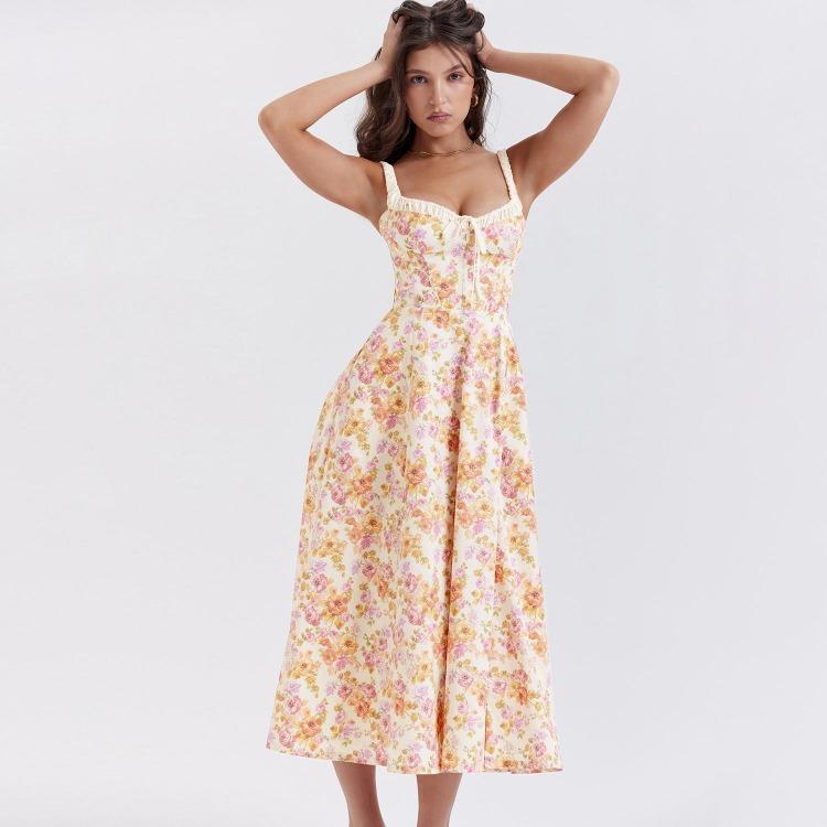 Women Fashion High Waist V Neck Backless Spaghetti Strap Print Ankle Length Trendy Design Dress