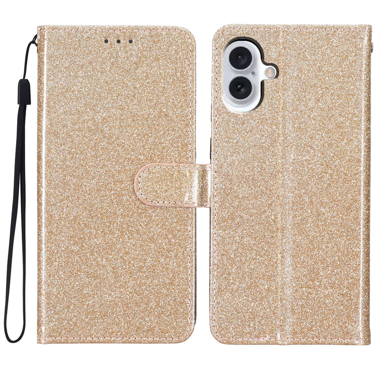 

For iPhone 16 Plus Case PU Leather Wallet Folding Stand Glitter Phone Cover Gold