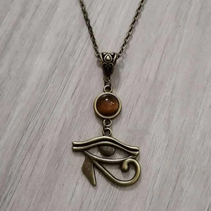 Ancient Egyptian Horus Eye Natural Tiger Eye Stone Pendant Necklace for Women Halloween Party Pagan Witchcraft Gothic Jewelry