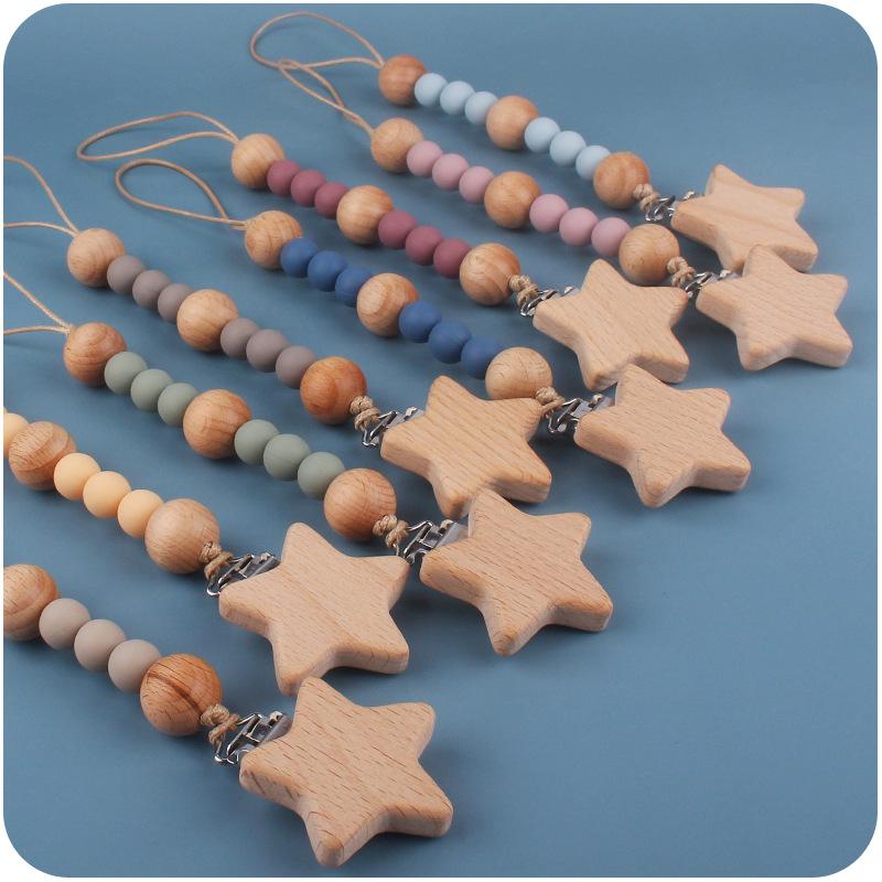 Baby Pacifier Clip Chain Wooden Star Holder Soother Pacifier Clip Leash Strap Nipple Holder For Infant Nursing Nipple Clip Chain