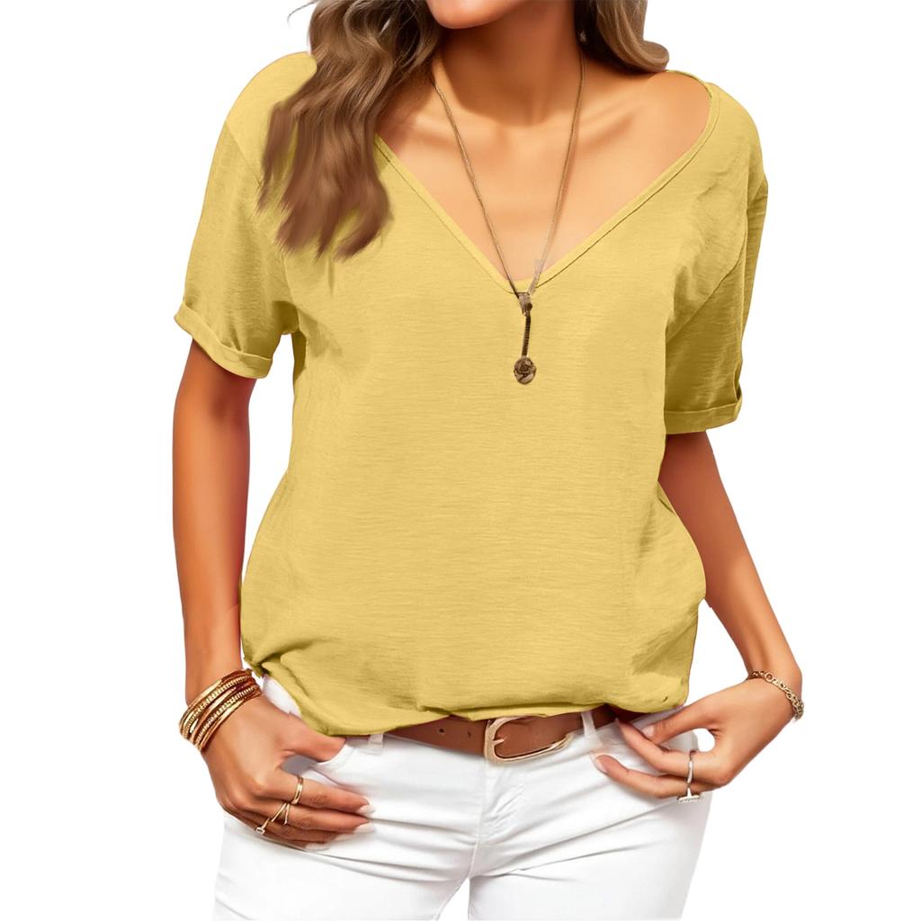 Women's Fashionable Deep V,neck Short,sleeved Color Casual Loose Top