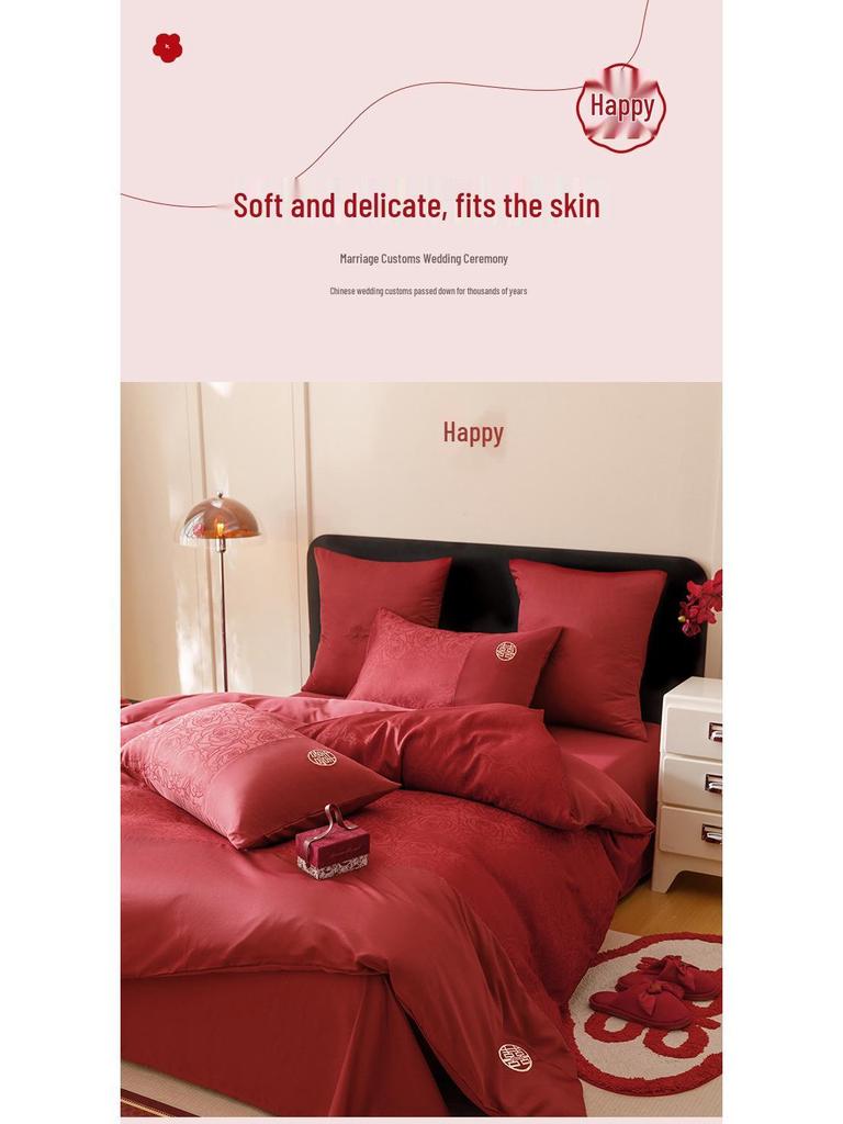 Rotes chinesisches Hochzeitsbettwäsche-Set: Braut-Bettbezug, Spannbettlaken und Happy Quilt für die Aussteuer