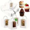 30 Stück Weiße Geschenkverpackung, Einzel-Cupcake-Boxen mit Klarsichtfenster und Griff, Papier-Gebäckbehälter für kleine Kuchen, Muffins