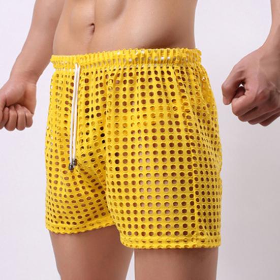 Erotic Men Solid Color Mesh See Through Hollow Out Drawstring Shorts Beach Pants
