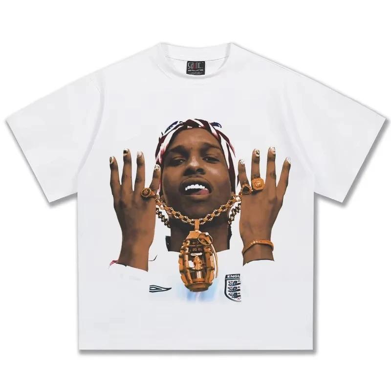 2026 AAP Rocky Unisex Vintage Print TShirt American Hip Hop Oversized High Street 100 Cotton Crew Neck Women And Men Tshirts