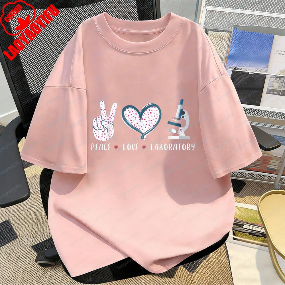 Lab Worker TShirt Peace Love Lab Science Print Wave Point Tee Medical Enthusiast Summer Casual Kawaii Clothes Women Cotton Tops