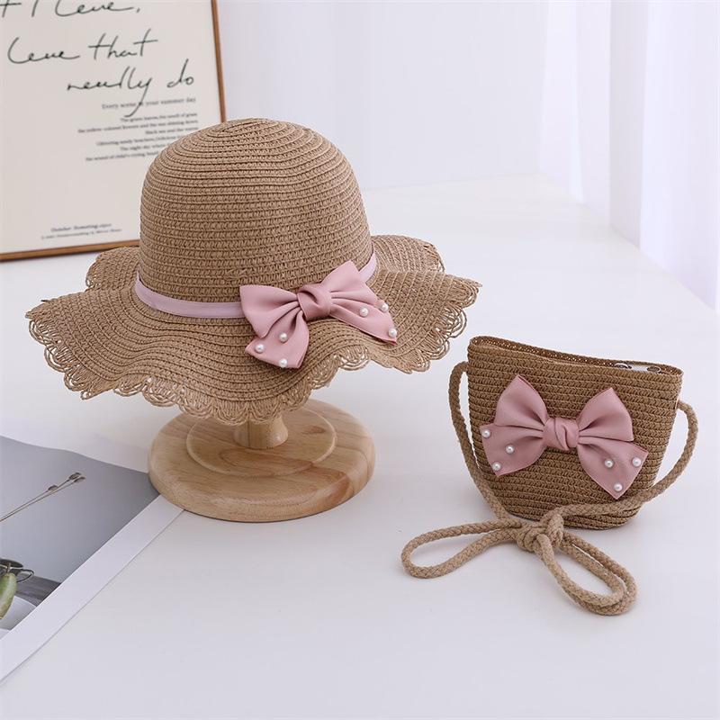3-8 Years Little Girl Beach Straw Hat And Bag 2pcs Set Summer Travel Princess Bowknot Children's Sun Cap