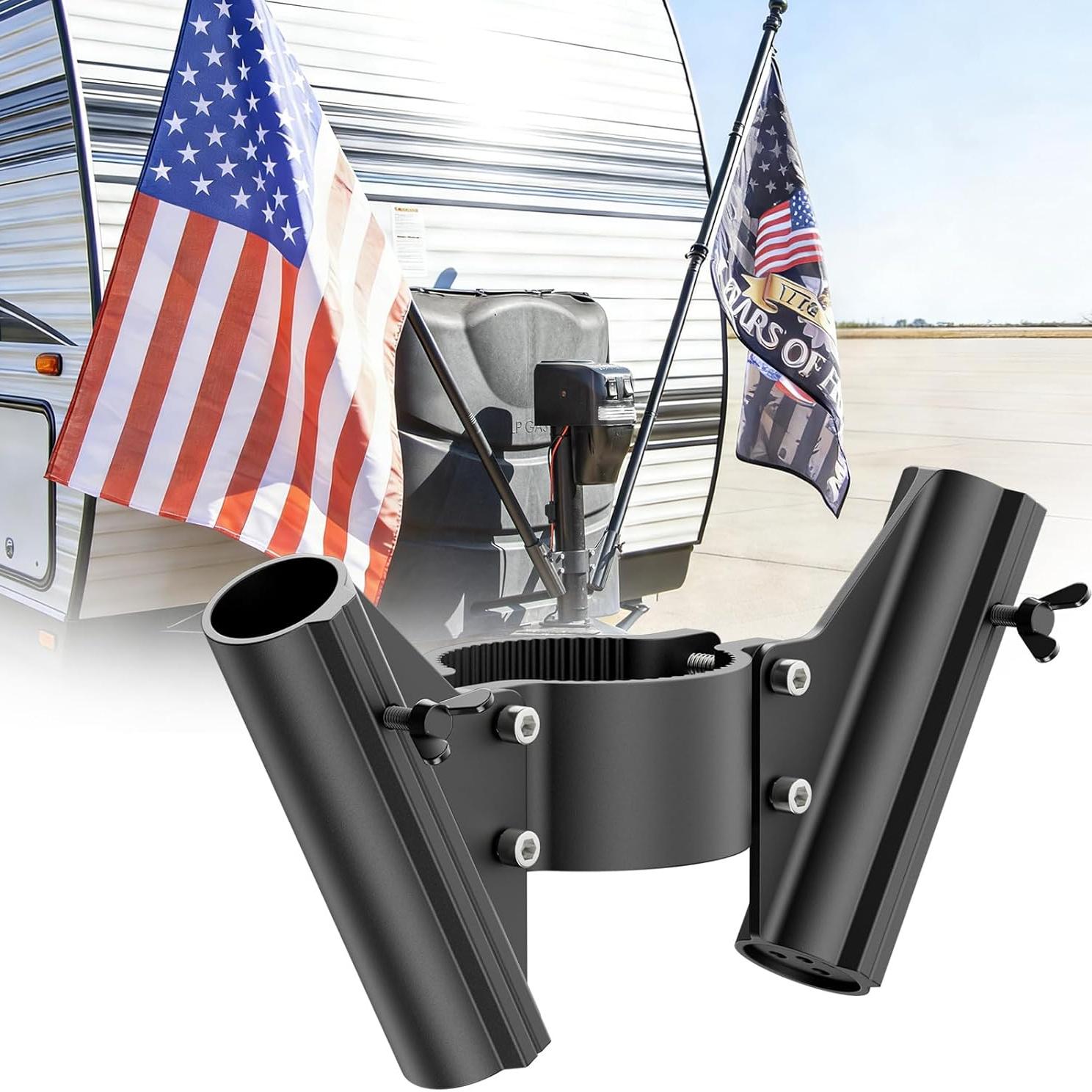 

RV Dual Flag Pole Mount for Trailer Tongue Jack Aluminum Flag Holder with Wing Screw Locking for Flagpoles чёрный