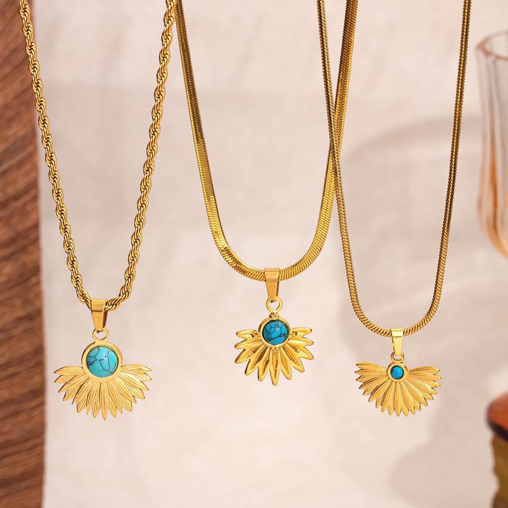 Golden Fan-Shaped Turquoise Stainless Steel Necklace - European & American Retro High-End Jewelry