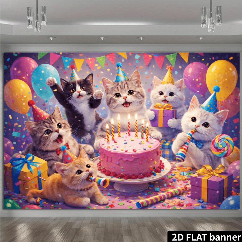 2D Plane Purple-toned Cat Birthday Background Cloth - Durable Polyester Fabric