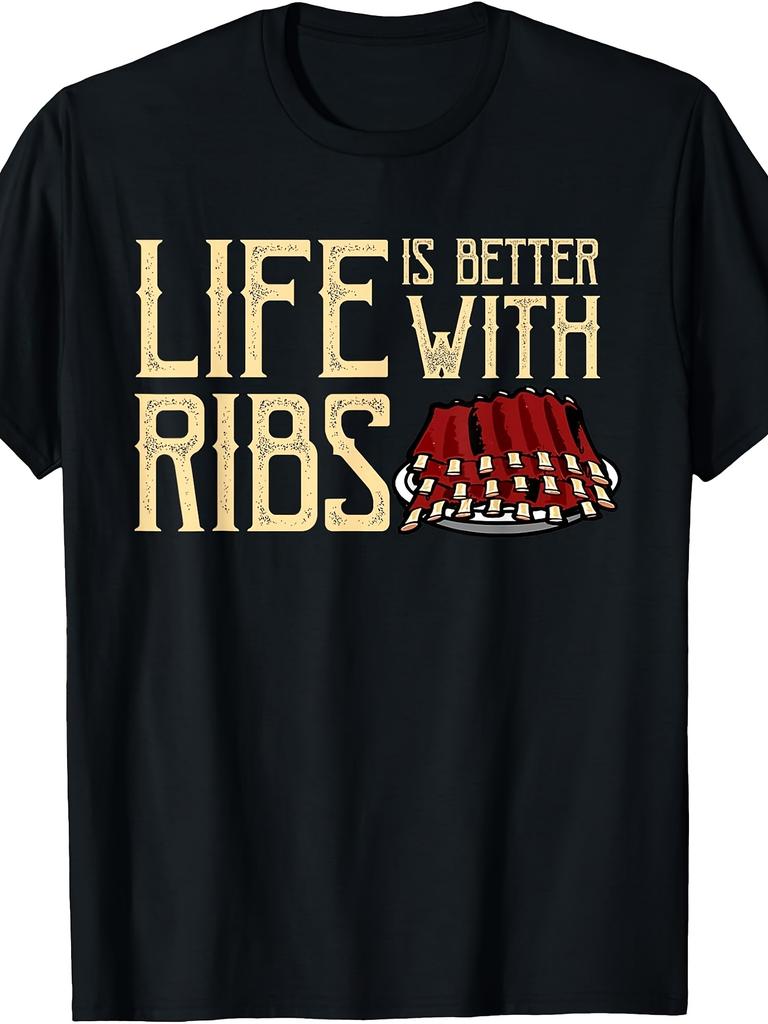 Life Is Better with Ribs Foodie BBQ Baby Back Ribs T-Shirt Retro Casual Crew Neck Printed T-Shirt