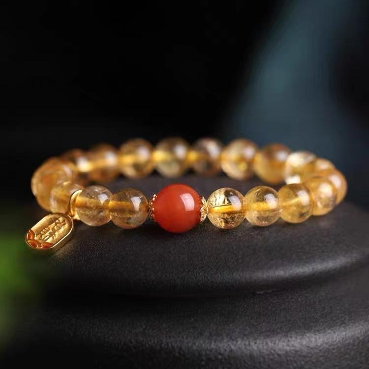 Natural Brazilian Citrine Bracelet for Women, Designer Style with Red Agate Pendant, Simple Design diy Women's yellow citrine bracelet