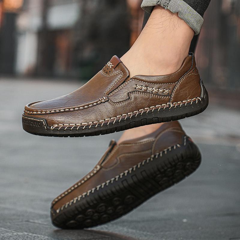 Comfortable Mens Soft-Soled Slip On Flats Casual Leather Loafers Versatile Business Shoes Non Slip Male Hiking Shoes Big Size 48