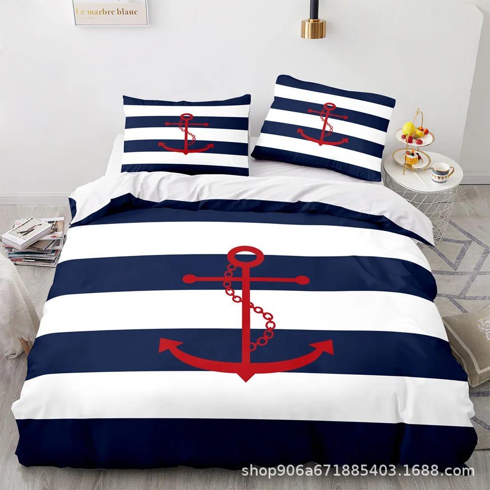 Marine Anchor Bedding Set, Ocean Sea 3D Duvet Cover Set, Blue Ship Vessel Bed Linen Twin Queen King Single Size
