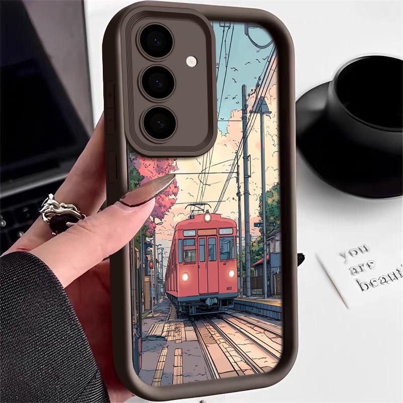 

Матовый чехол с рисунком снежного горного поезда для Smausng S24 FE S23 Ultra S22 S21 A16 A15 A55 A35 A54 A34, защита линз, противоударный мягкий чехол из ТПУ для телефона Samsung A16 5G коричневый