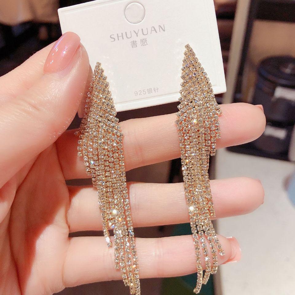 Elegant S925 Silver Tassel Earrings with Full Diamond Shine - Retro, Luxurious, and Slim-Fitting Trendy Design for Women.