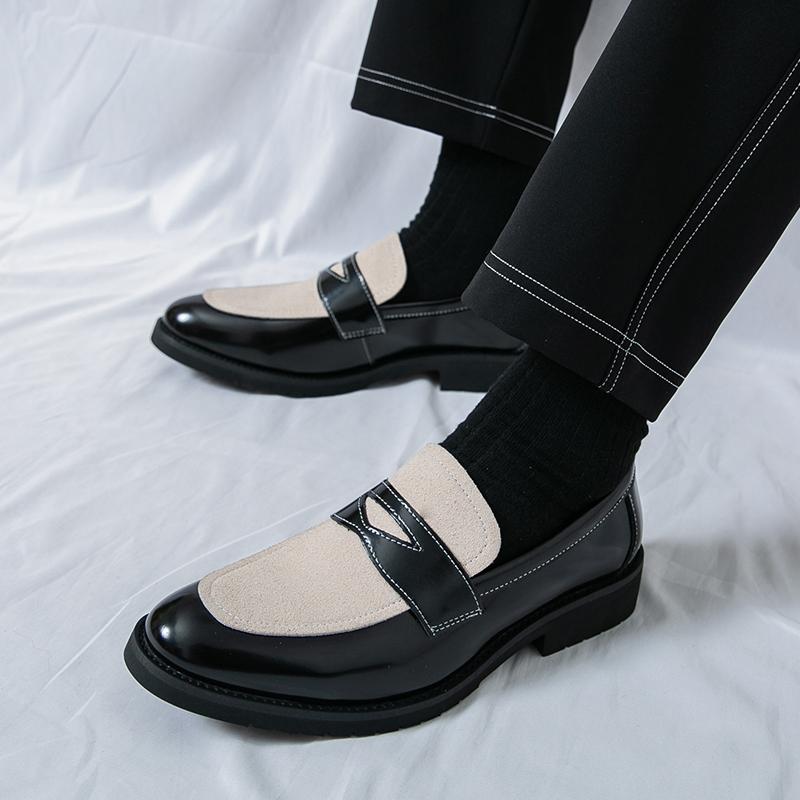 Neue Penny Loafer Mode Herren Spitz Wildleder Patchwork Kleid Freizeitschuhe Männlich Party Hochzeitskleid Homecoming Schuhe