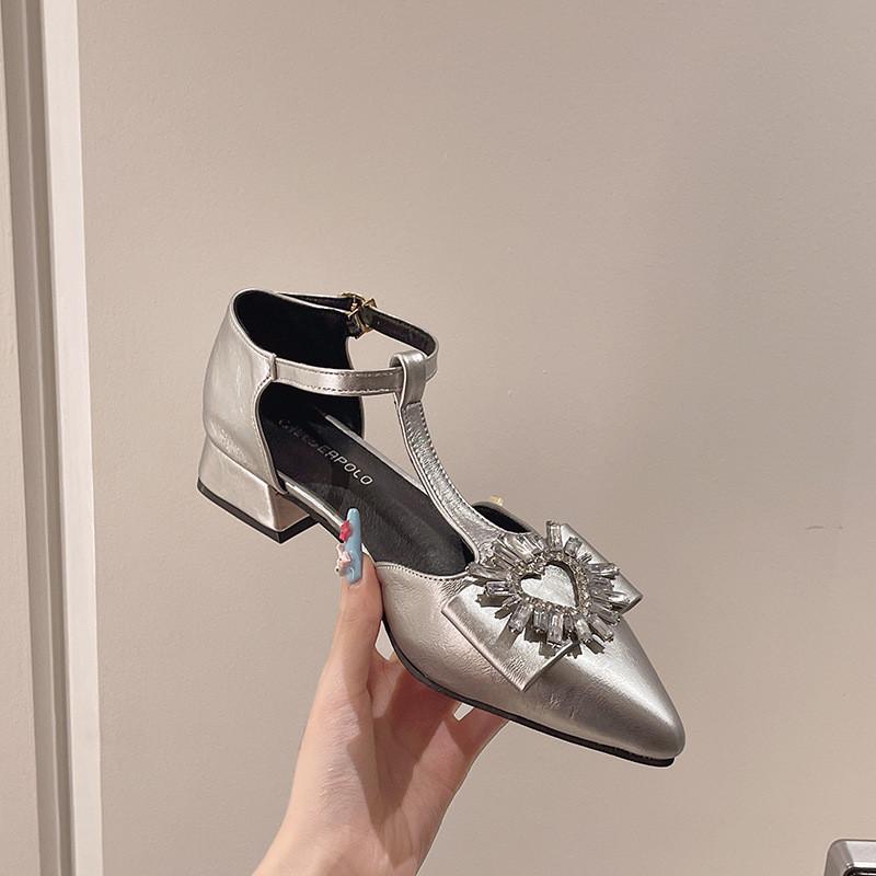 

Rhinestone square buckle high heels women s 2025 spring new T-shaped Mary Jane shoes temperament pointed thick heel design sense single shoes 40 серебряный