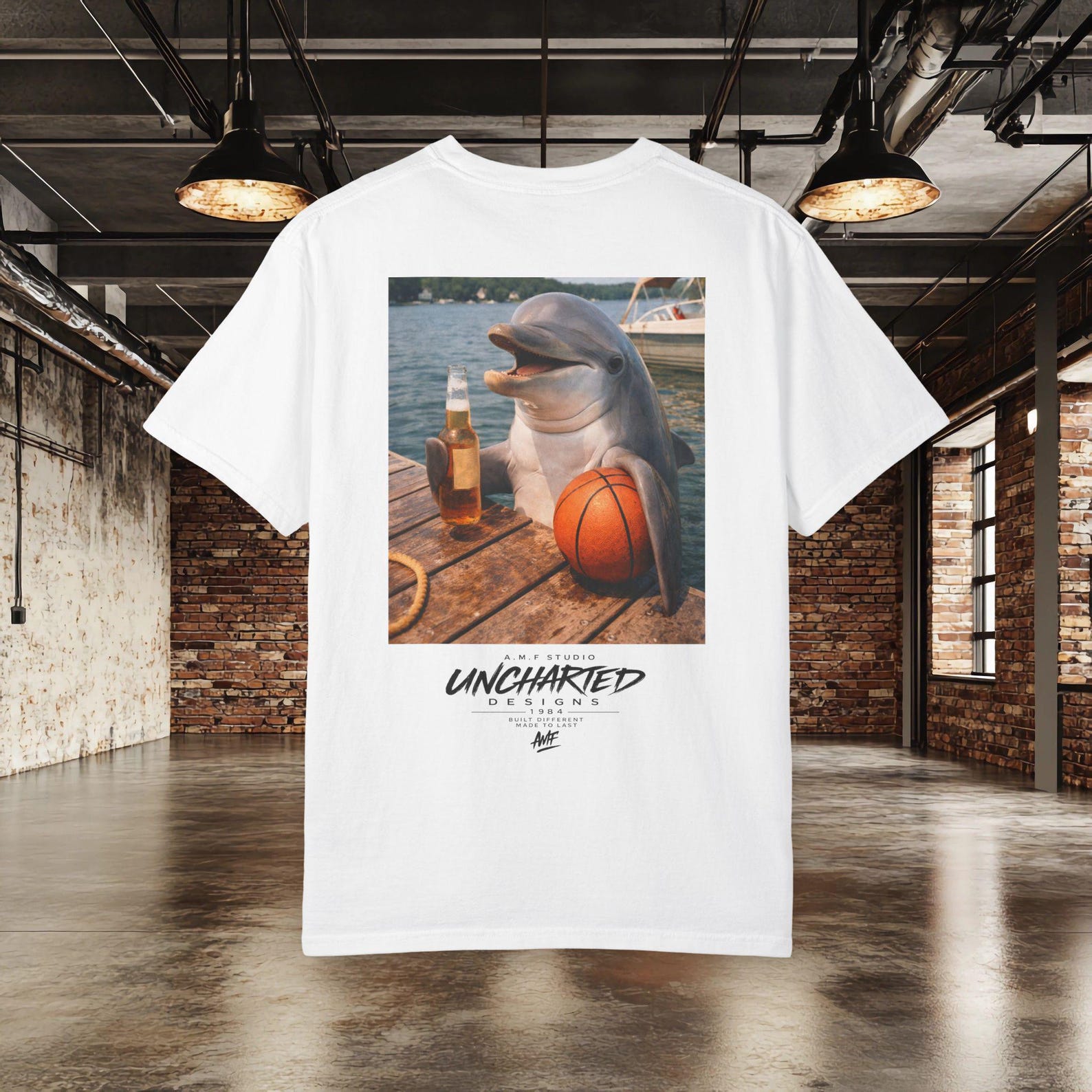 Funny Dolphin Shirt | Lake Life Graphic Tee | Summer Beer Drinking Dolphin T shirt | Basketball | AMF Studio Uncharted Designs 3XL