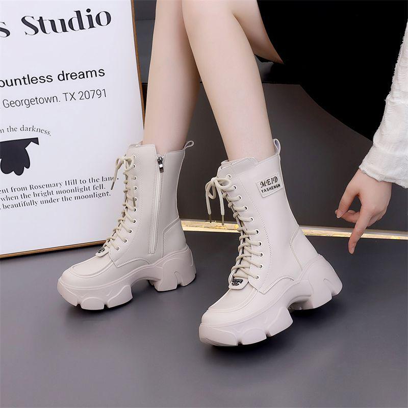 Women's 2025 Genuine Leather Martin Boots: Mid-Calf, Thick-Soled, Fleece-Lined, Lightweight, Height-Enhancing, Autumn/Winter Fashion.