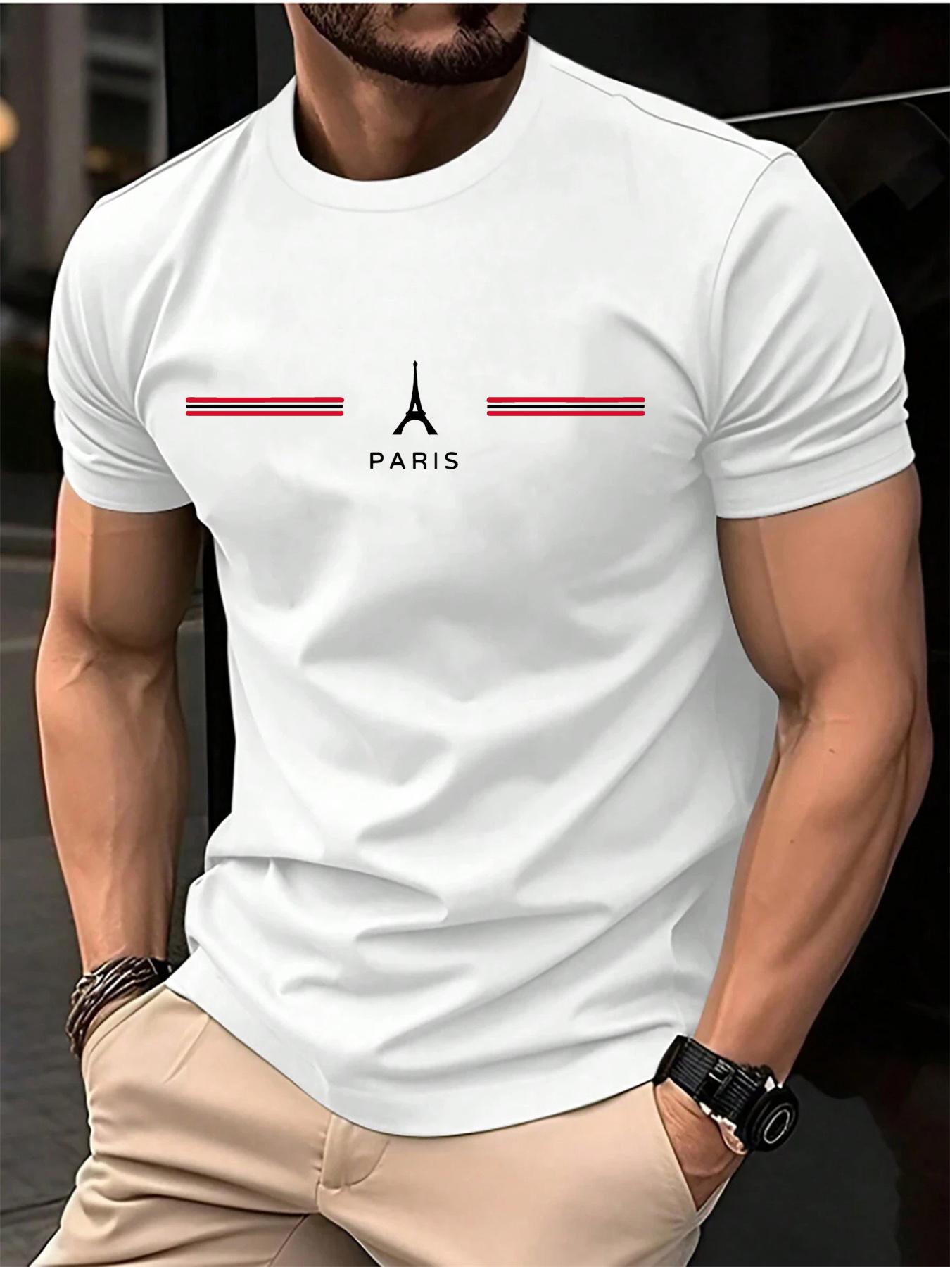 

Mens 100 pure cotton summer loose oversized casual Paris letter printed sports round neck short sleeved Tshirt top S