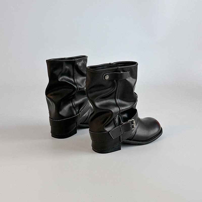 Fashion belt buckle pleated loose stacking boots autumn and winter design sense retro thick heel locomotive women's fashion boots short boots