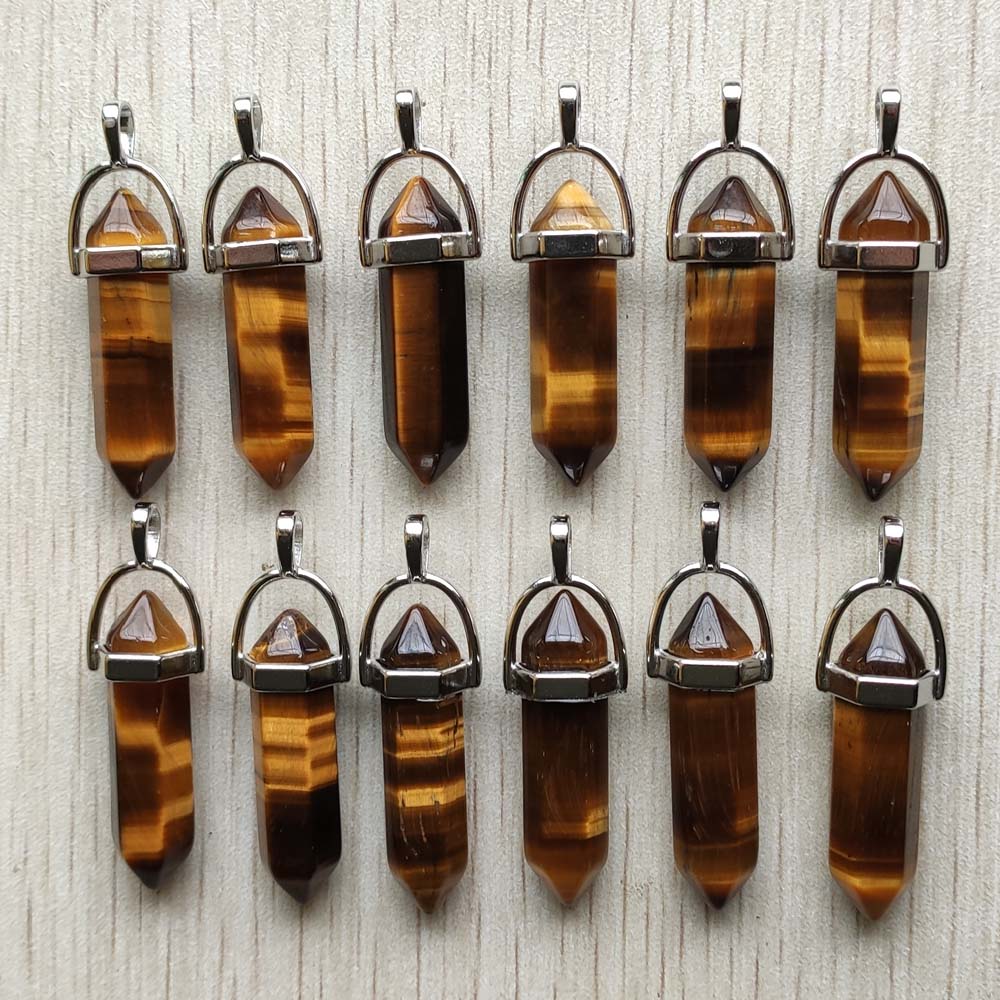 Natural stone quartz aventurine lapis crystal hexagonal pillar Pendants for Jewelry accessories 12pcs