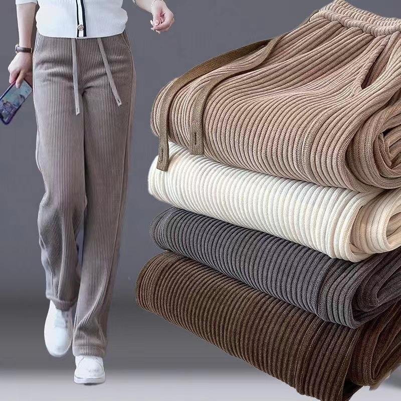 Slim Wide Leg Corduroy Pants Women Winter Fleece Lined Draping Tapered Trousers