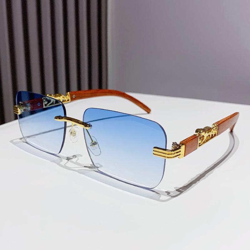 European Frameless Edge Cut Wood Grain Leopard Head Sunglasses: Unisex, Square Frame, Trendy for Driving