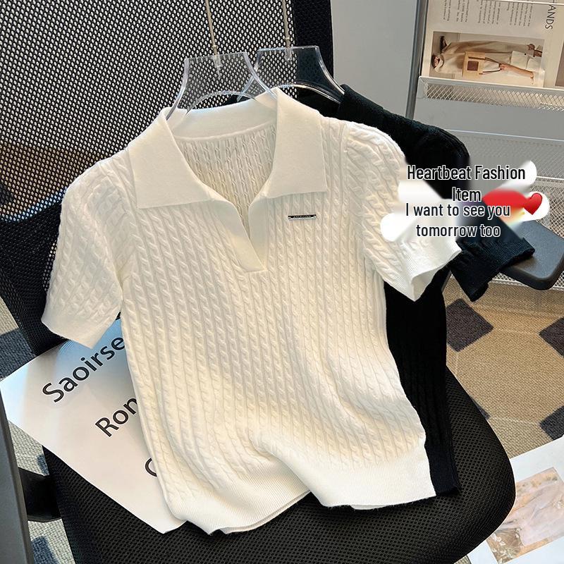 Women's Slim Fit Knitted T-Shirt with Turn-Down Collar – 2025 Summer Fashion