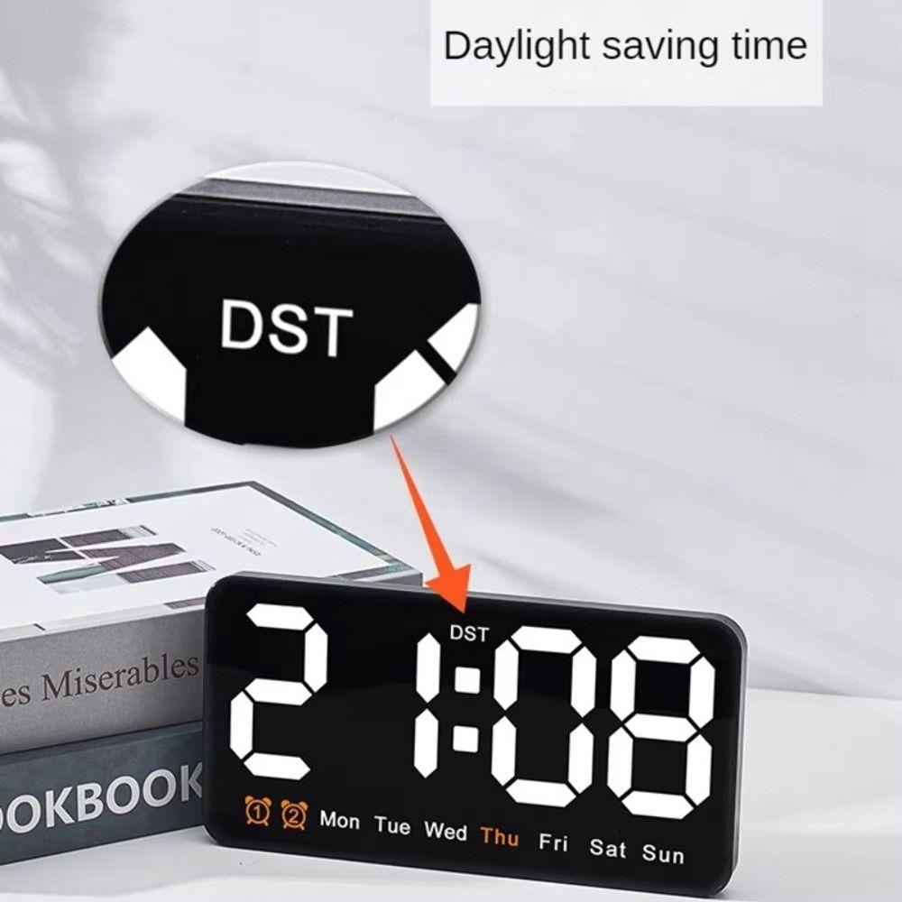 Temperature/Date Display Electronic Wall Clock Dual Alarms 12/24H Format Wall-mounted Clock LED Display DST Function